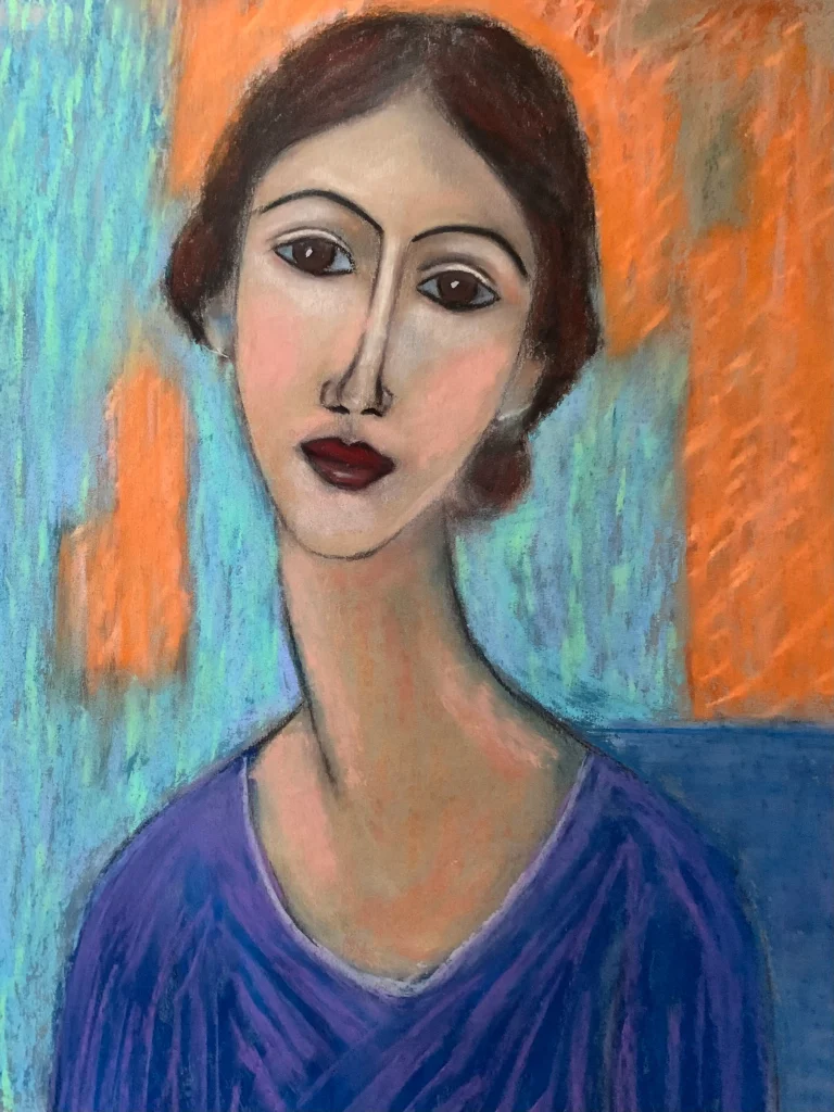 An original expressionist soft pastel painting by Savchenko in the style of Modigliani, depicting a woman's portrait with an elongated neck and almond eyes, wearing a purple dress against a blue and orange background.