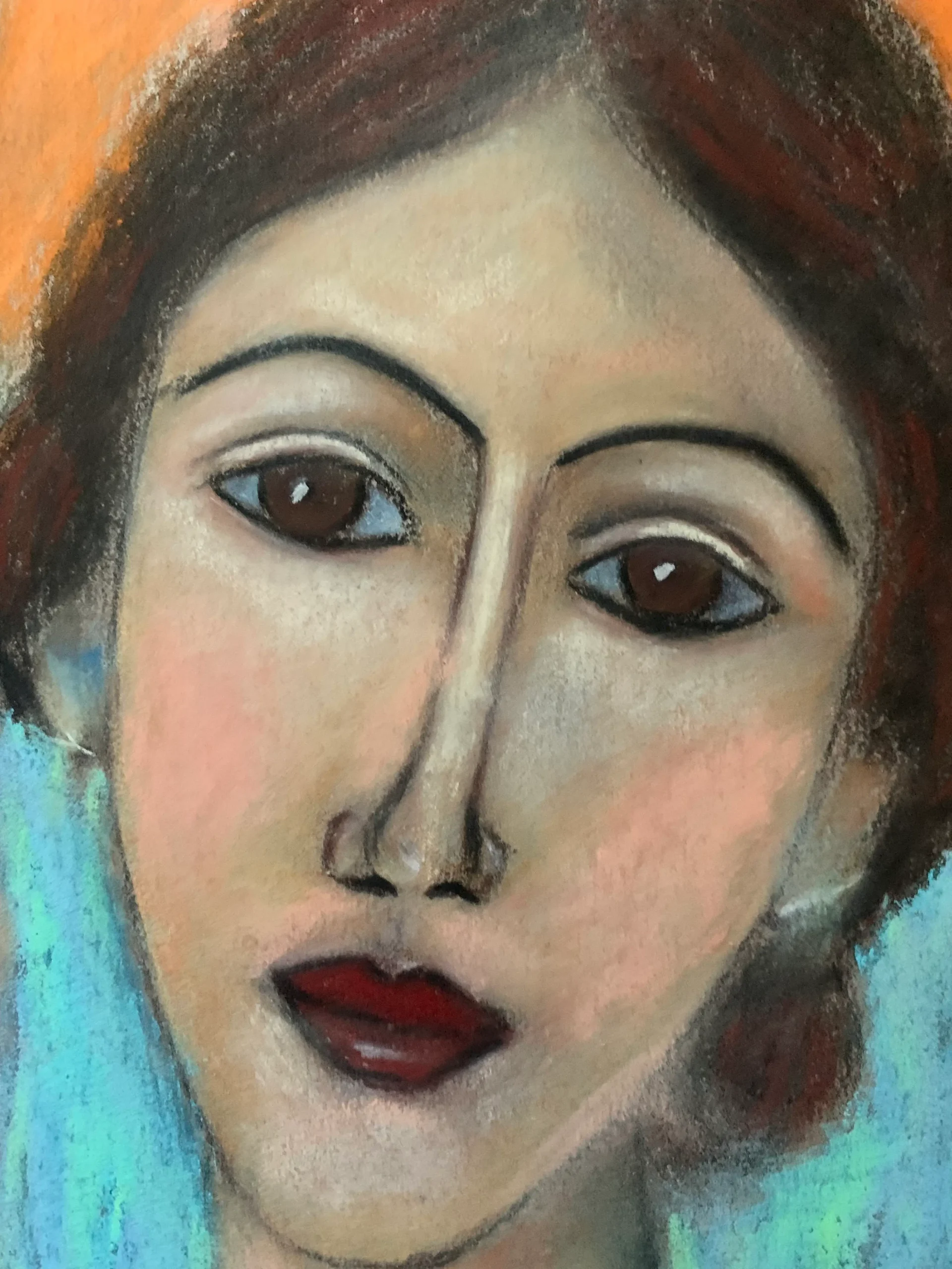 An original expressionist soft pastel painting by Savchenko in the style of Modigliani, depicting a woman's portrait with an elongated neck and almond eyes, wearing a purple dress against a blue and orange background.