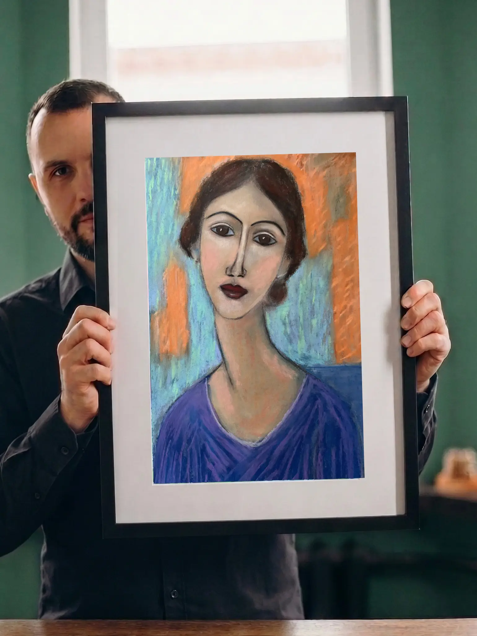 An original expressionist soft pastel painting by Savchenko in the style of Modigliani, depicting a woman's portrait with an elongated neck and almond eyes, wearing a purple dress against a blue and orange background.