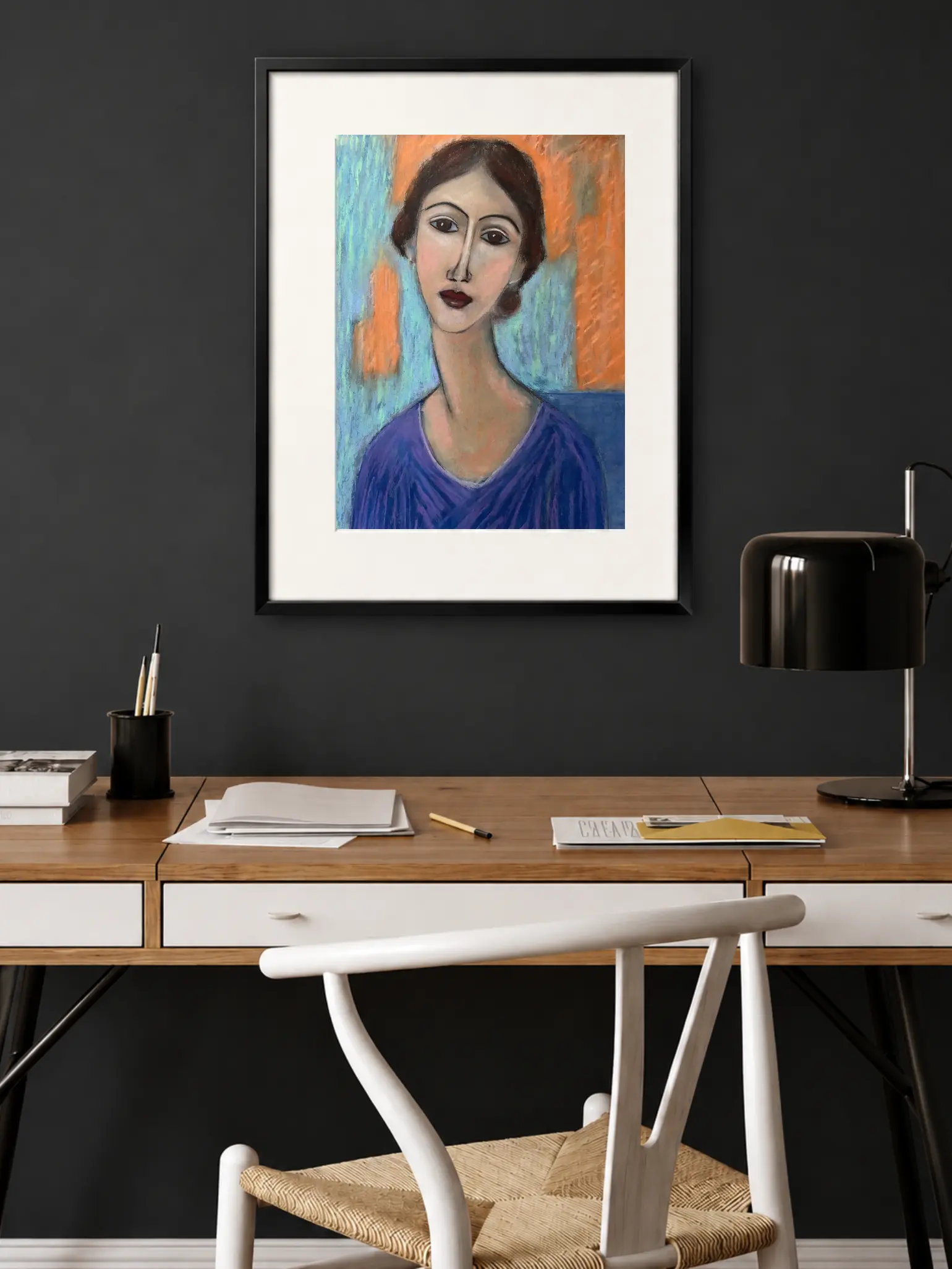 An original expressionist soft pastel painting by Savchenko in the style of Modigliani, depicting a woman's portrait with an elongated neck and almond eyes, wearing a purple dress against a blue and orange background.