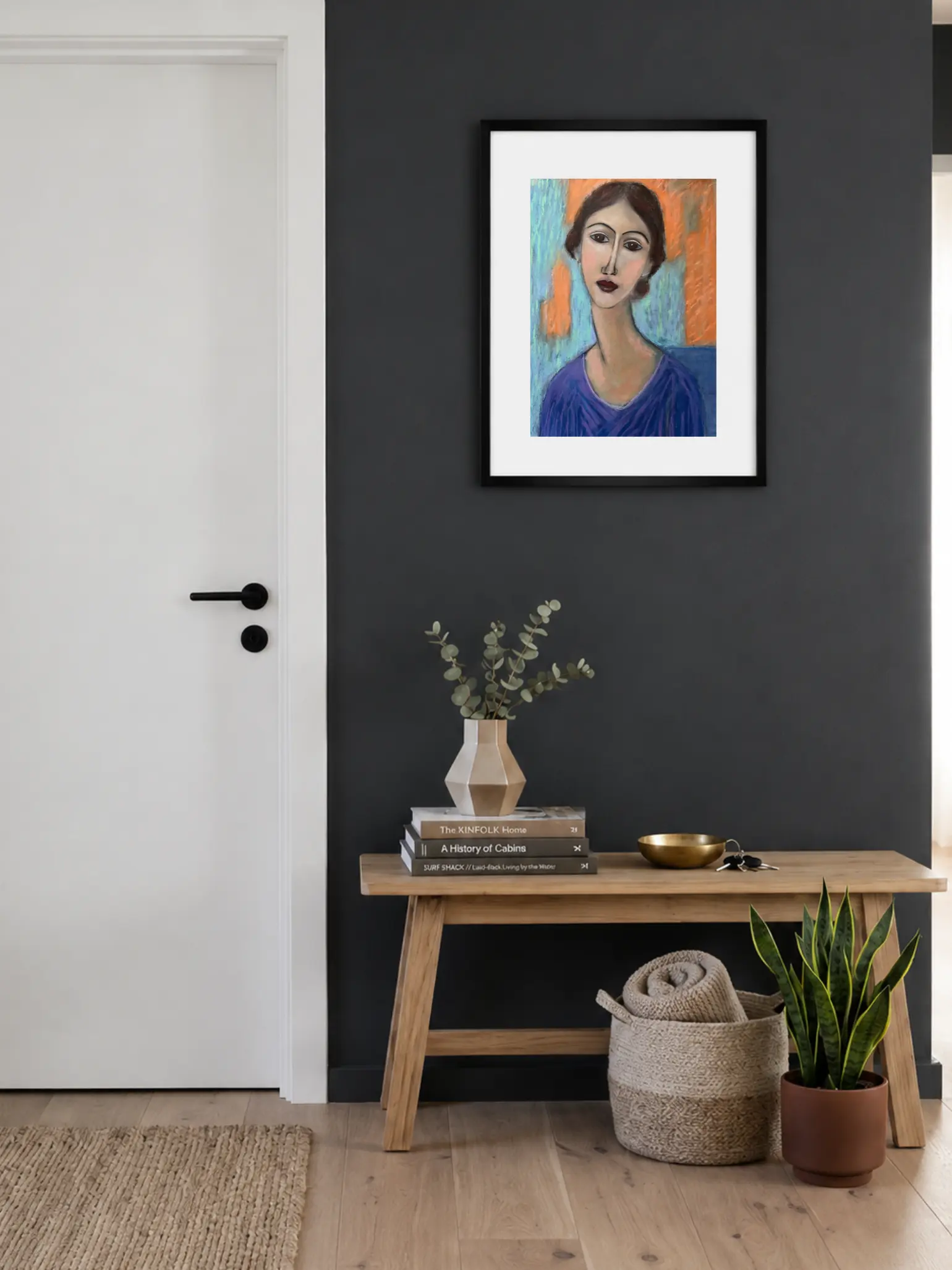 An original expressionist soft pastel painting by Savchenko in the style of Modigliani, depicting a woman's portrait with an elongated neck and almond eyes, wearing a purple dress against a blue and orange background.