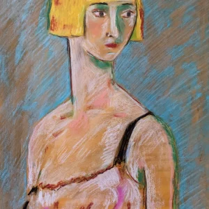 An original expressionist Modigliani style soft pastel painting by Savchenko, depicting a woman with an elongated neck, short yellow bob haircut, and dark eyes, against a textured blue and brown background.