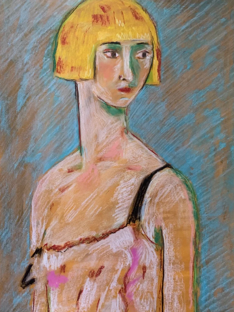 An original expressionist Modigliani style soft pastel painting by Savchenko, depicting a woman with an elongated neck, short yellow bob haircut, and dark eyes, against a textured blue and brown background.
