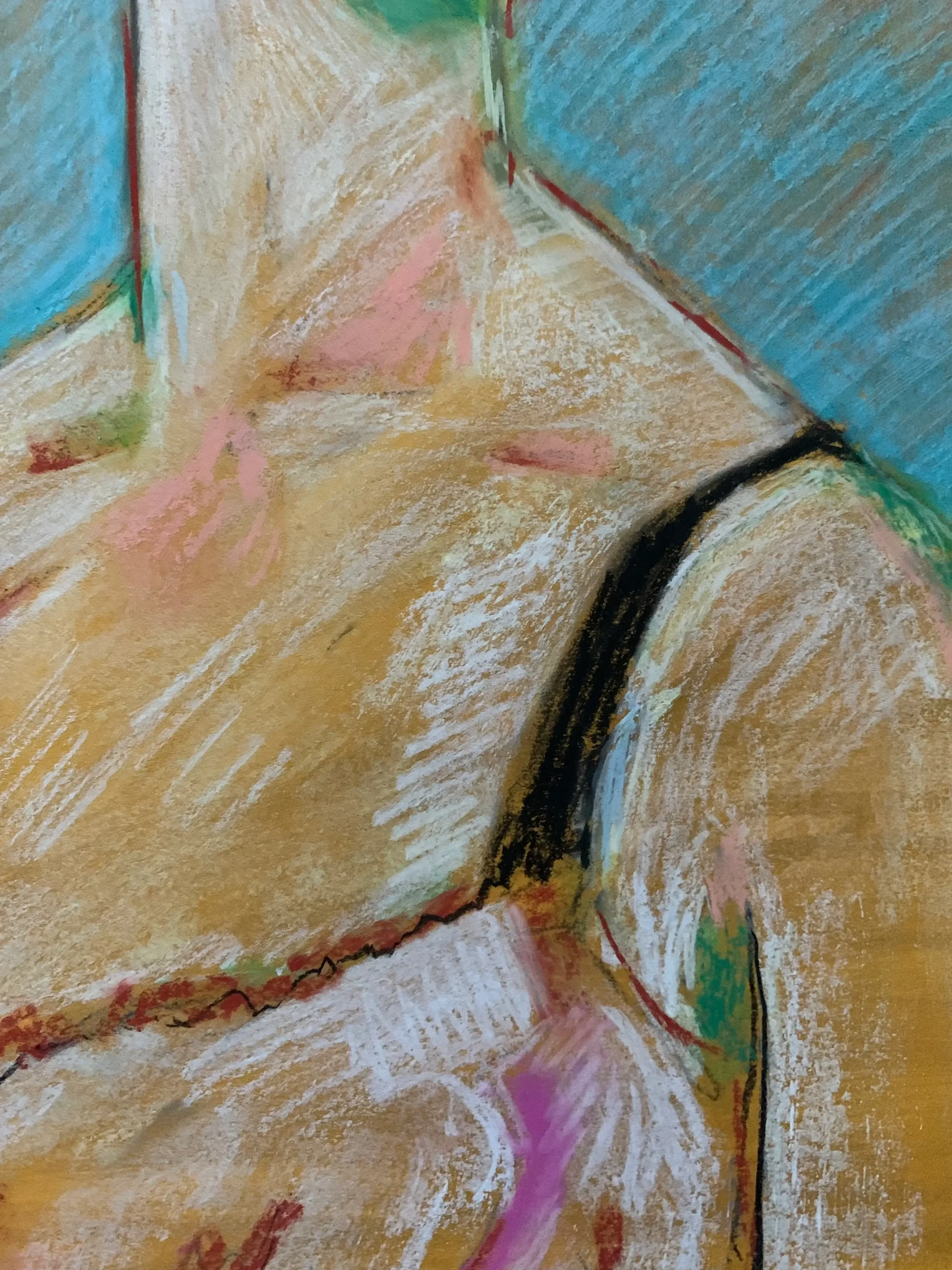 An original expressionist Modigliani style soft pastel painting by Savchenko, depicting a woman with an elongated neck, short yellow bob haircut, and dark eyes, against a textured blue and brown background.