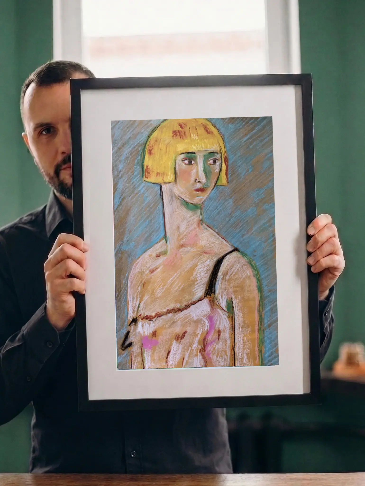 An original expressionist Modigliani style soft pastel painting by Savchenko, depicting a woman with an elongated neck, short yellow bob haircut, and dark eyes, against a textured blue and brown background.