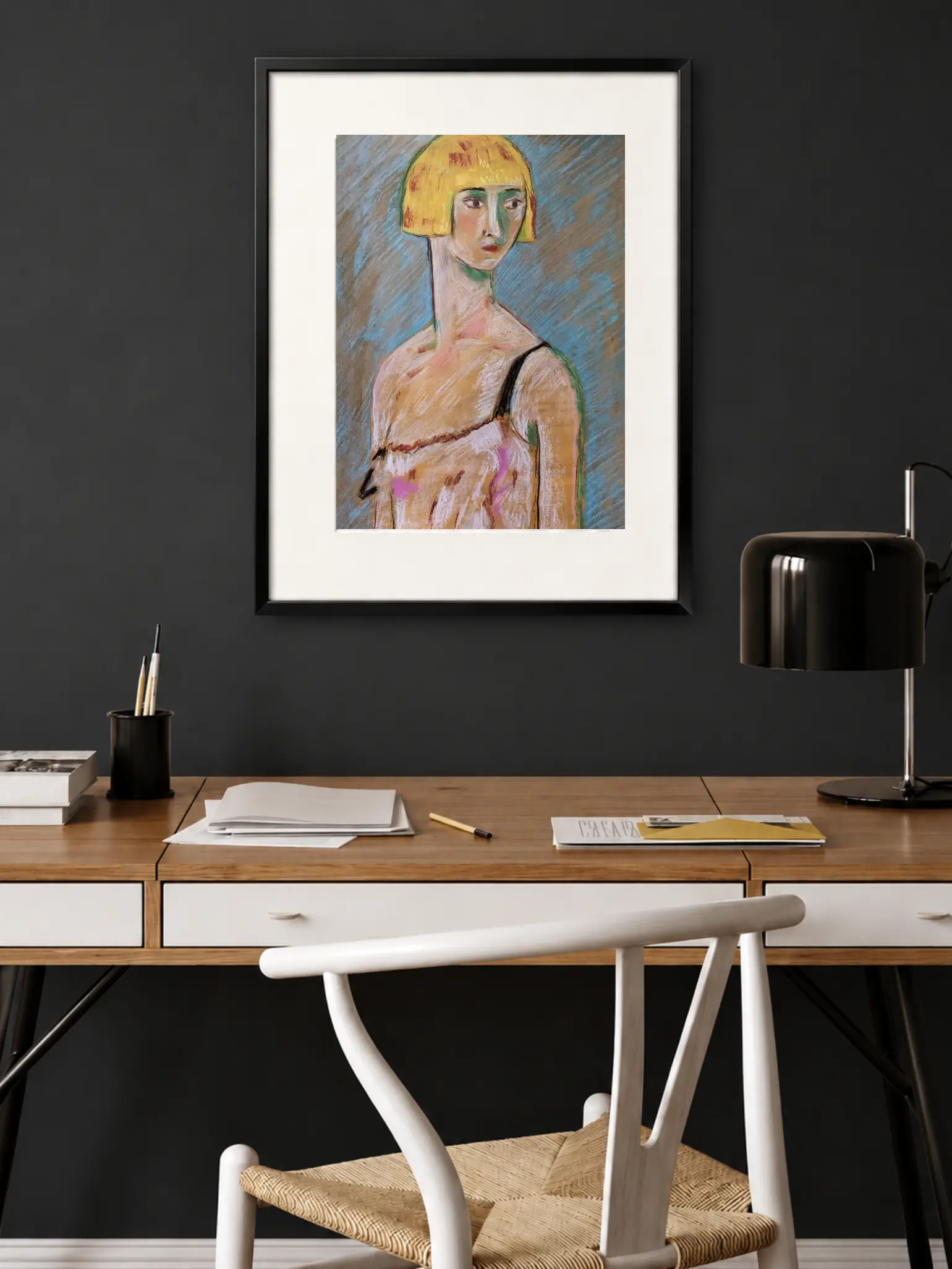 An original expressionist Modigliani style soft pastel painting by Savchenko, depicting a woman with an elongated neck, short yellow bob haircut, and dark eyes, against a textured blue and brown background.