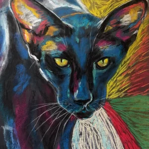An original expressionist soft pastel painting of an Oriental Shorthair cat portrait by Savchenko, depicting a sleek dark blue and black cat with bright yellow eyes against a colorful background.
