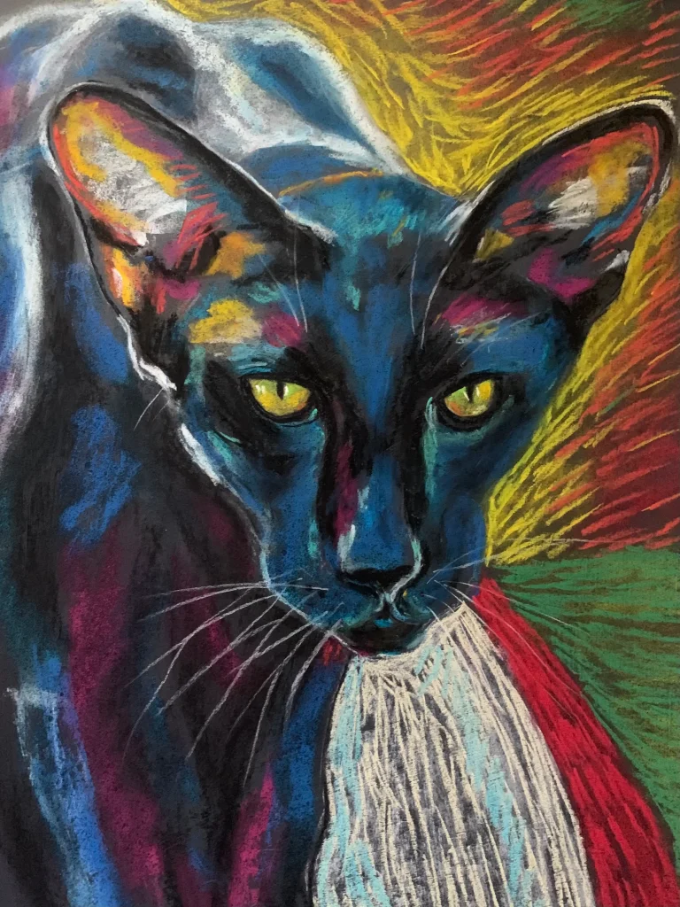An original expressionist soft pastel painting of an Oriental Shorthair cat portrait by Savchenko, depicting a sleek dark blue and black cat with bright yellow eyes against a colorful background.