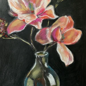 An original expressionist painting in soft pastel of large pink and peach flowers in a reflective glass vase against a dramatic black background.