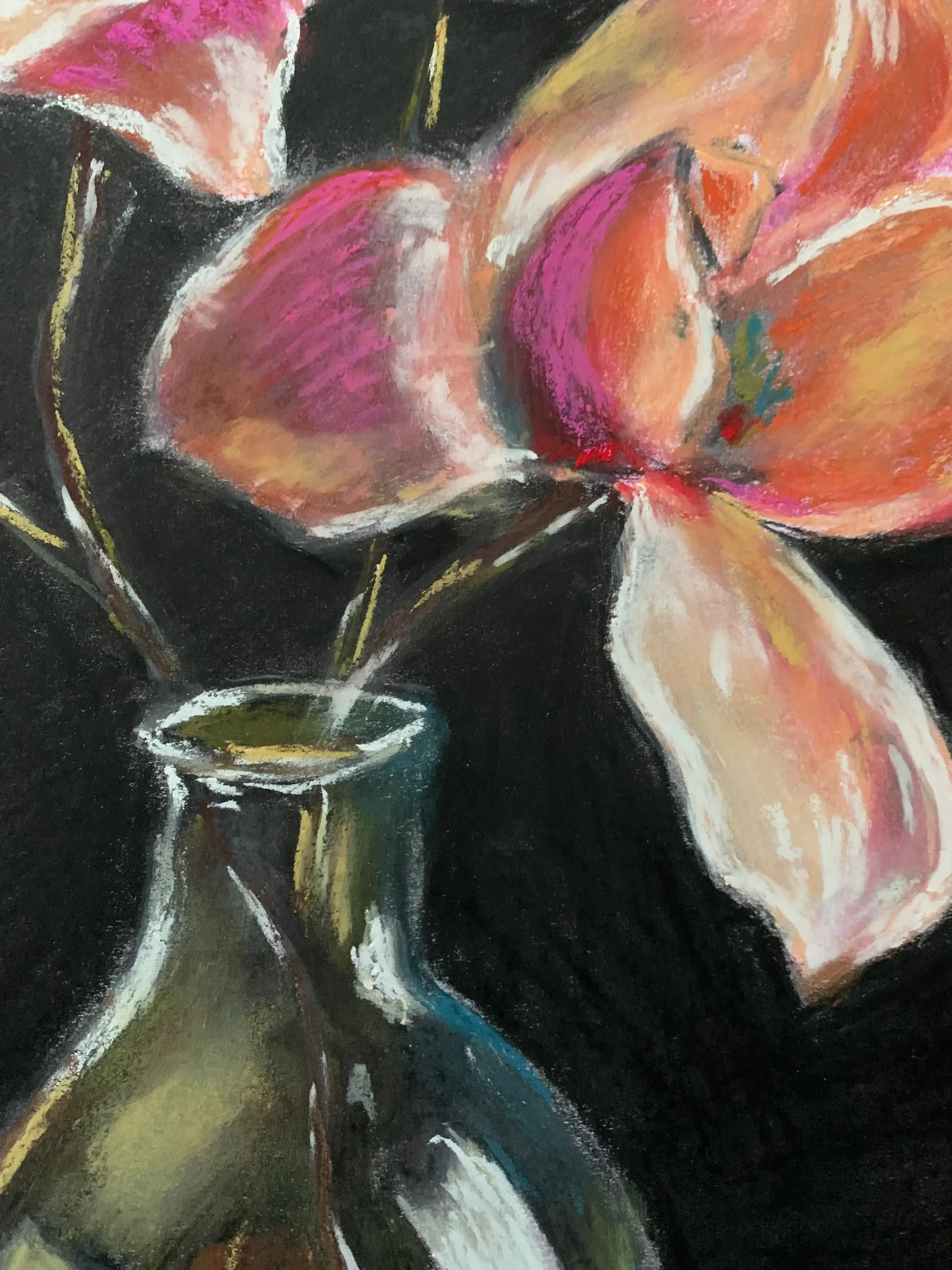 An original expressionist painting in soft pastel of large pink and peach flowers in a reflective glass vase against a dramatic black background.