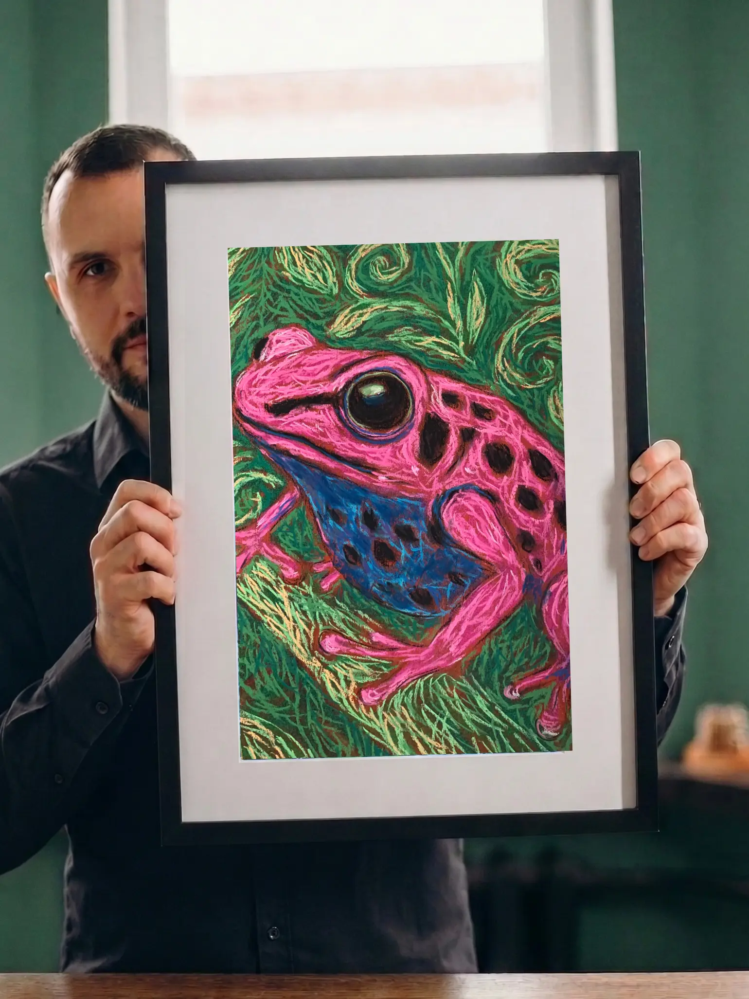 An original expressionist poison dart frog painting in soft pastel, showcasing a bright pink frog with black spots and a blue belly on a green background.