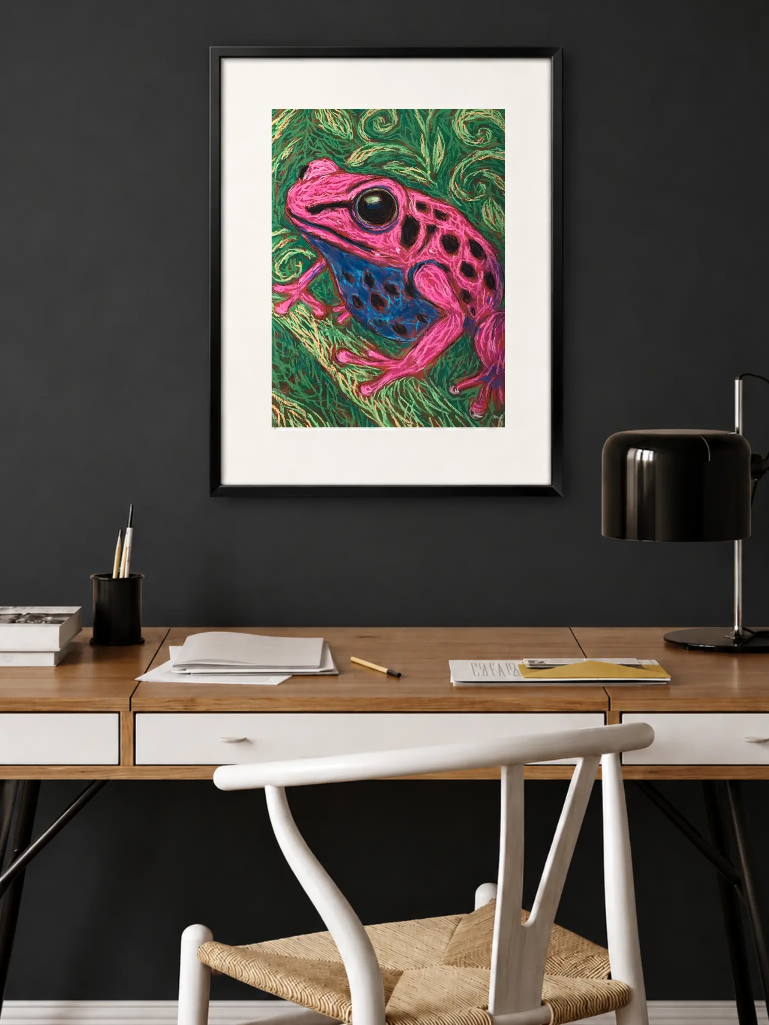 An original expressionist poison dart frog painting in soft pastel, showcasing a bright pink frog with black spots and a blue belly on a green background.