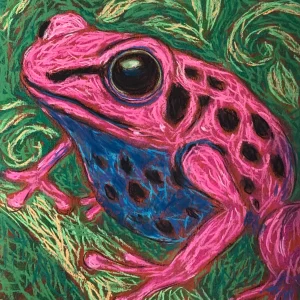 An original expressionist poison dart frog painting in soft pastel, showcasing a bright pink frog with black spots and a blue belly on a green background.