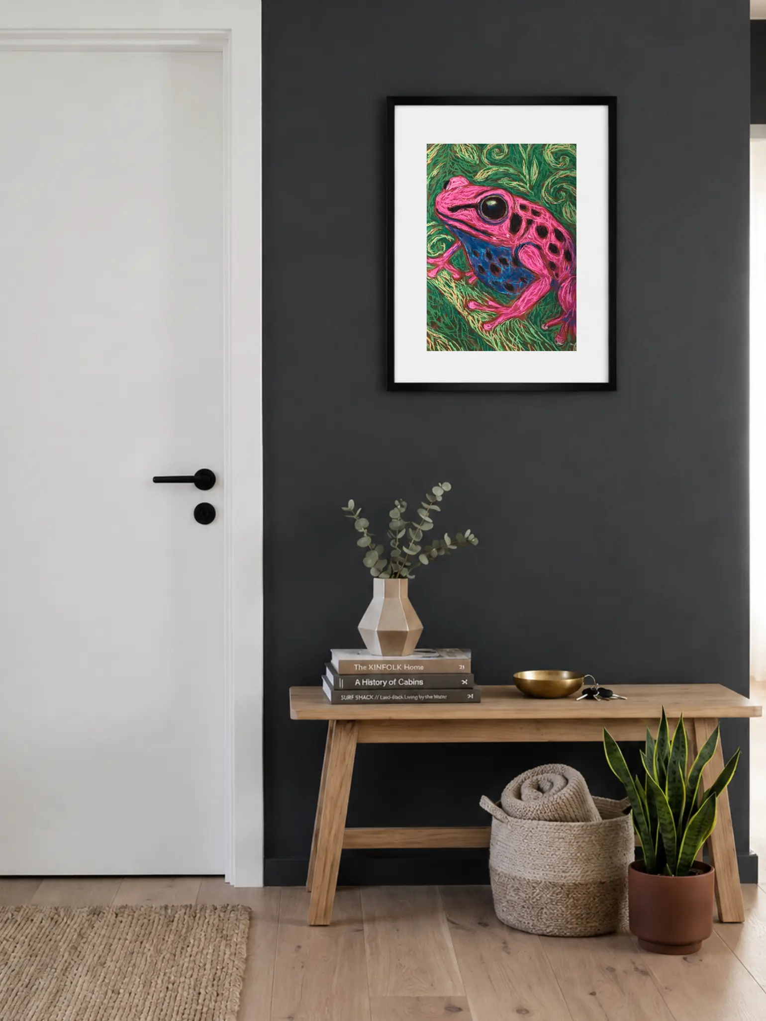 An original expressionist poison dart frog painting in soft pastel, showcasing a bright pink frog with black spots and a blue belly on a green background.