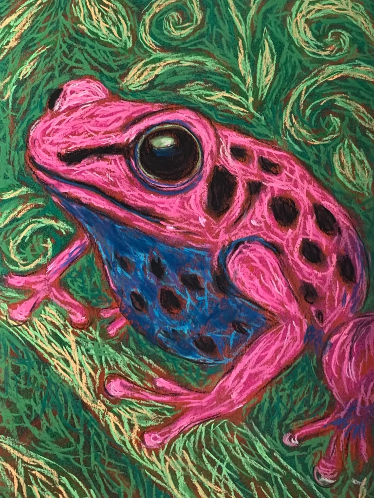 An original expressionist poison dart frog painting in soft pastel, showcasing a bright pink frog with black spots and a blue belly on a green background.
