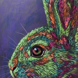 An original expressionist rabbit portrait painting in soft pastel, depicting a colorful hare with textured green, magenta, and orange fur against a deep purple background.