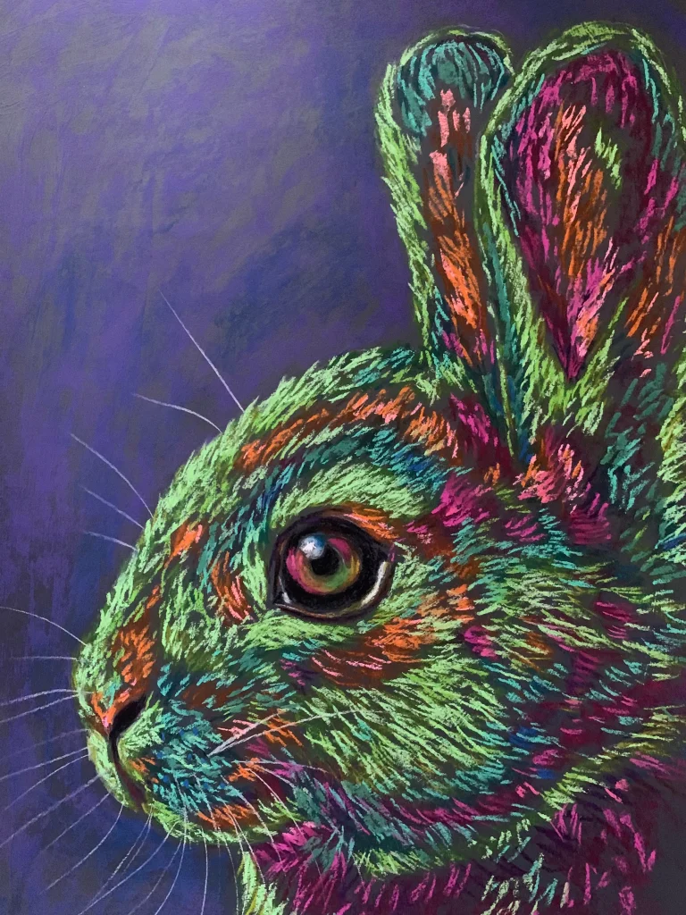 An original expressionist rabbit portrait painting in soft pastel, depicting a colorful hare with textured green, magenta, and orange fur against a deep purple background.