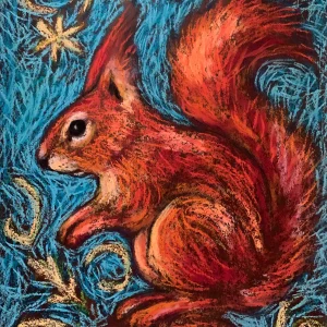 An original expressionist red squirrel painting in soft pastel, depicting a fluffy orange squirrel on a branch against a textured, swirling blue-teal background.