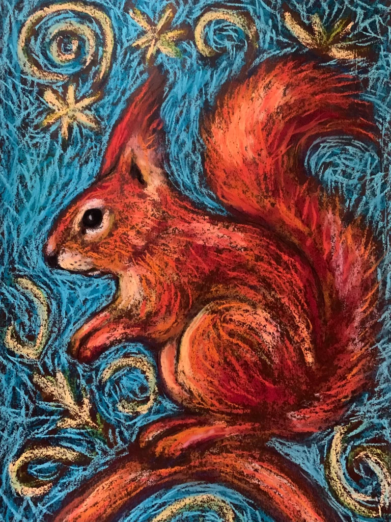 An original expressionist red squirrel painting in soft pastel, depicting a fluffy orange squirrel on a branch against a textured, swirling blue-teal background.