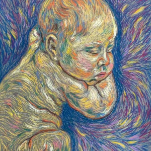 An original expressionist sleeping baby painting in soft pastel, depicting a newborn resting peacefully against a vibrant, swirling background of blue, purple, and yellow strokes.