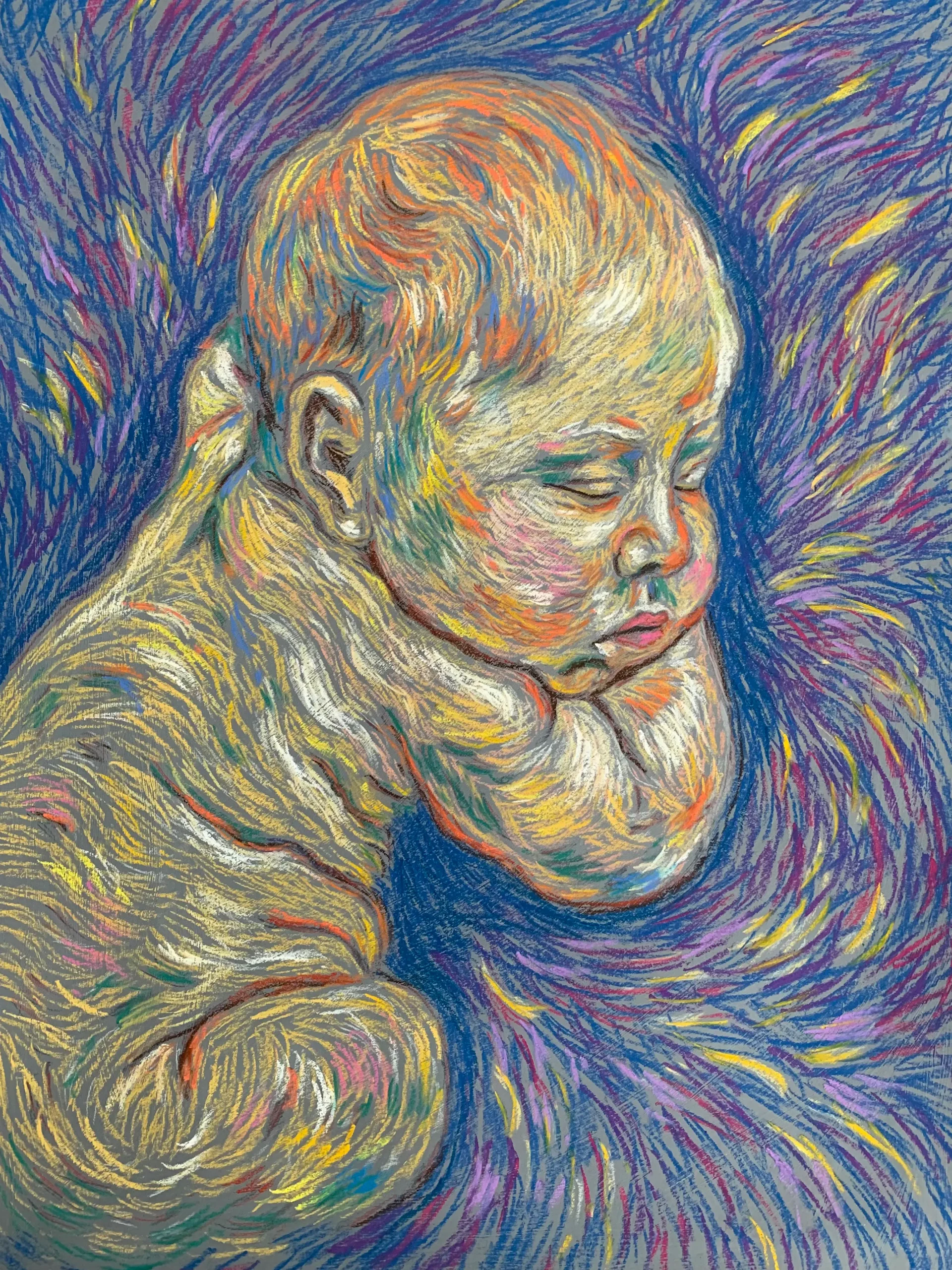 An original expressionist sleeping baby painting in soft pastel, depicting a newborn resting peacefully against a vibrant, swirling background of blue, purple, and yellow strokes.