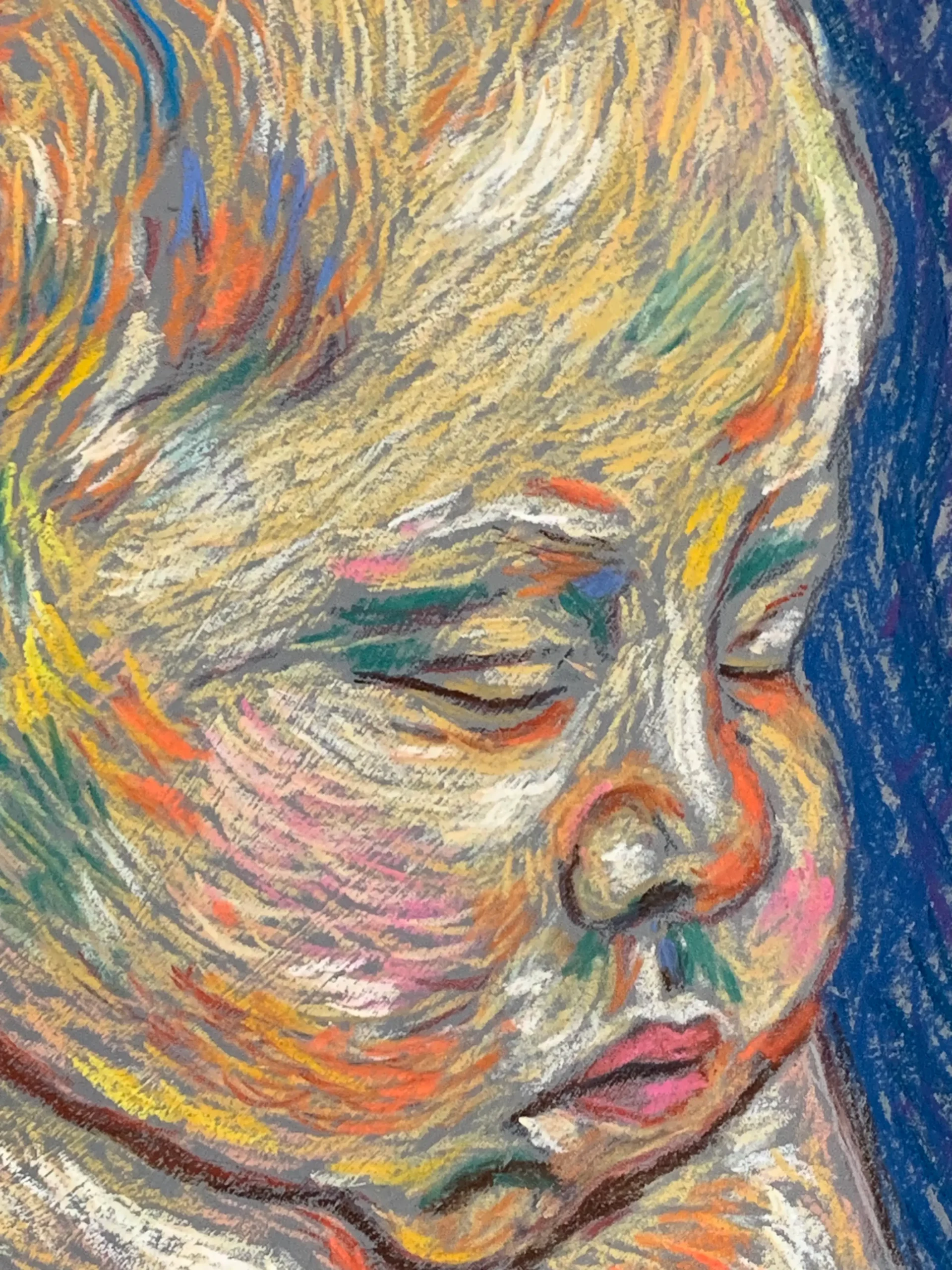 An original expressionist sleeping baby painting in soft pastel, depicting a newborn resting peacefully against a vibrant, swirling background of blue, purple, and yellow strokes.