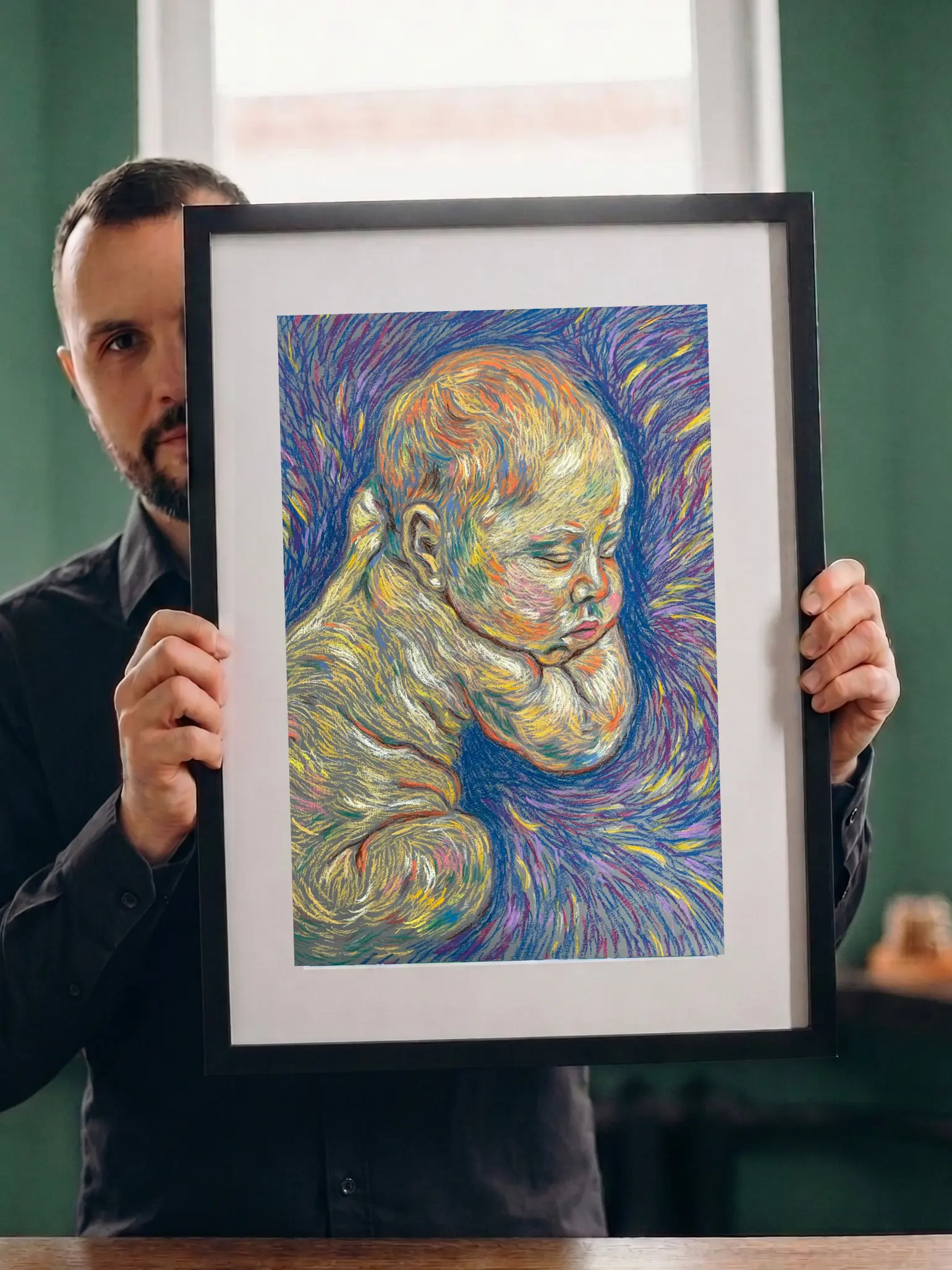An original expressionist sleeping baby painting in soft pastel, depicting a newborn resting peacefully against a vibrant, swirling background of blue, purple, and yellow strokes.