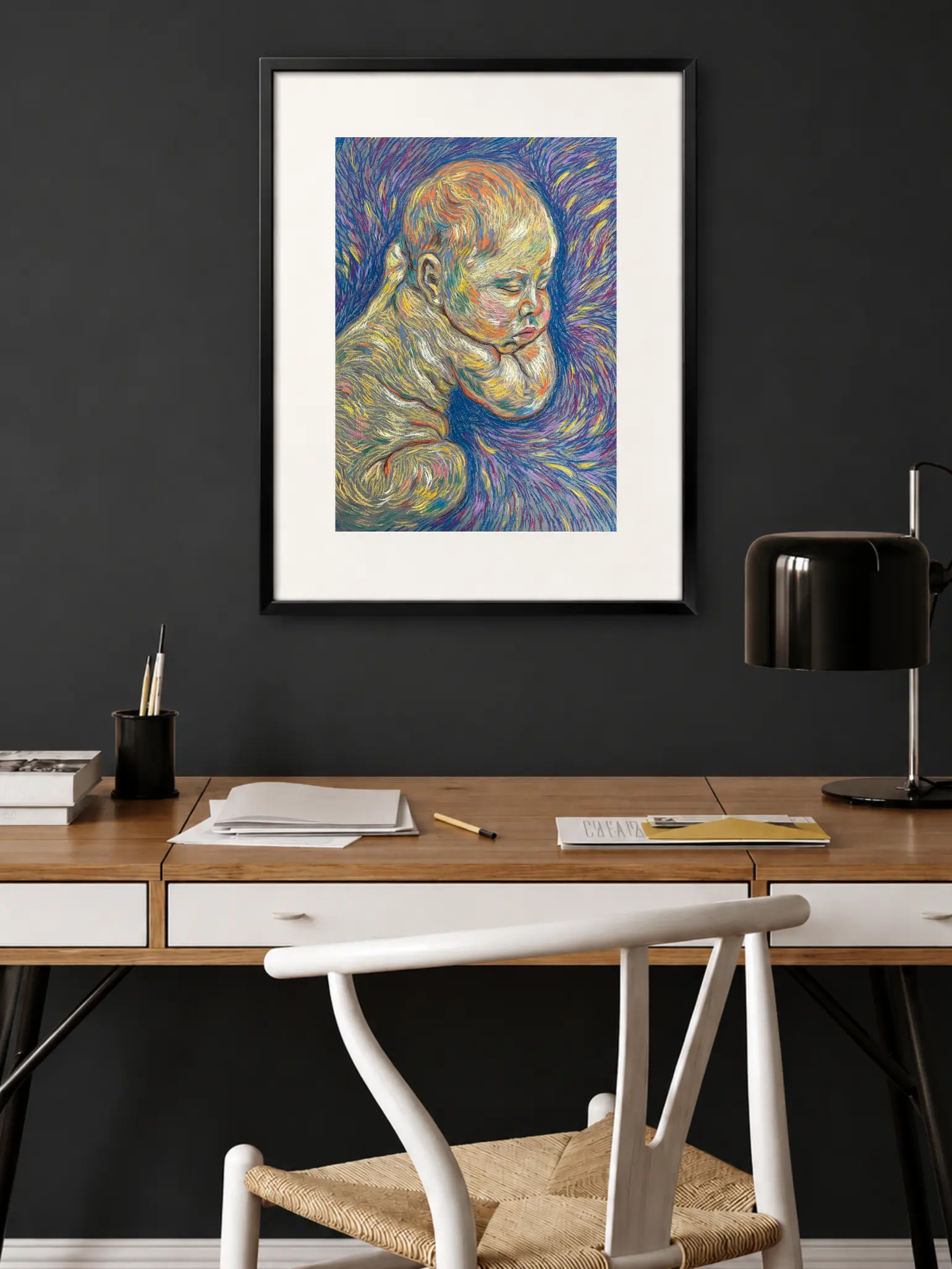 An original expressionist sleeping baby painting in soft pastel, depicting a newborn resting peacefully against a vibrant, swirling background of blue, purple, and yellow strokes.