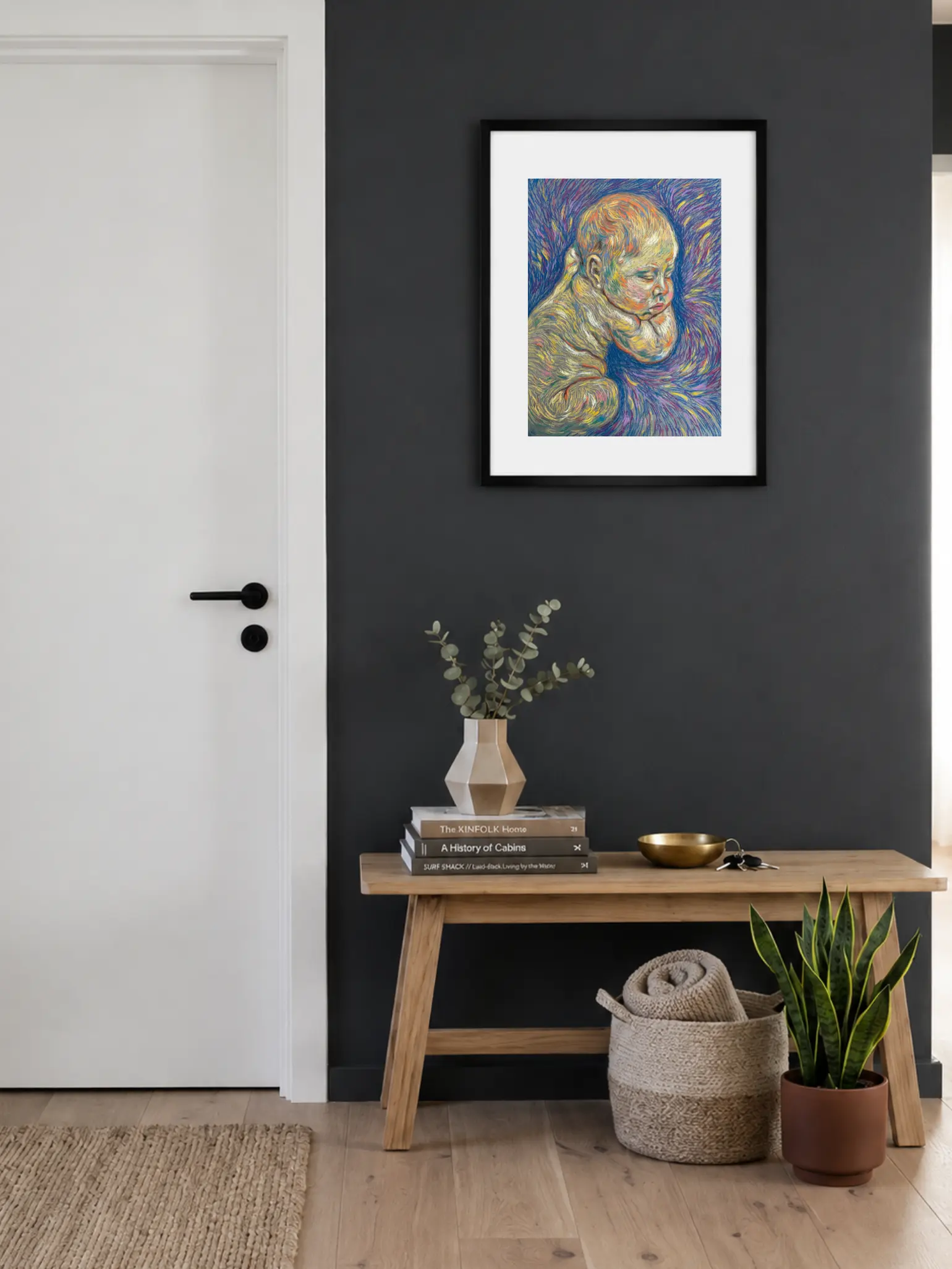 An original expressionist sleeping baby painting in soft pastel, depicting a newborn resting peacefully against a vibrant, swirling background of blue, purple, and yellow strokes.