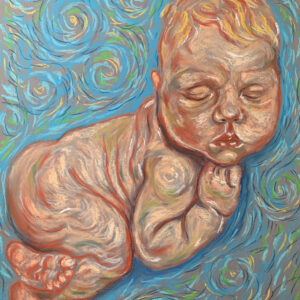 An impressionist soft pastel painting by Savchenko of a baby sleeping peacefully in a patterned blanket within a dark cradle surrounded by swirling cosmic lights.