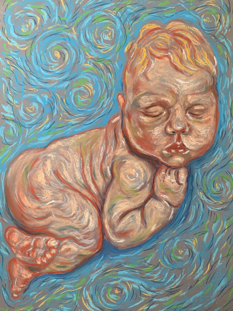 An impressionist soft pastel painting by Savchenko of a baby sleeping peacefully in a patterned blanket within a dark cradle surrounded by swirling cosmic lights.