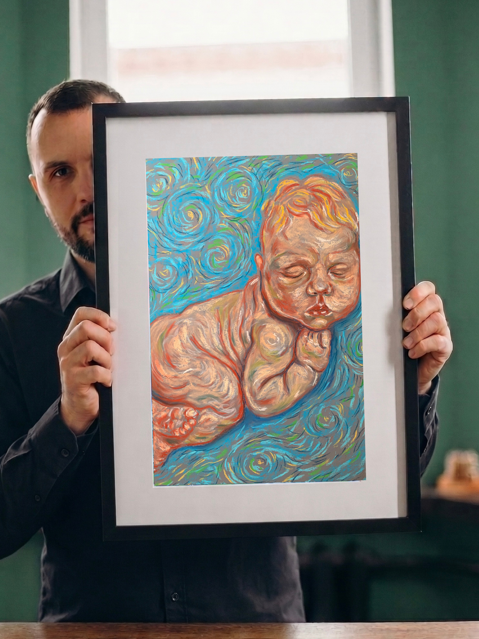 An impressionist soft pastel painting by Savchenko of a baby sleeping peacefully in a patterned blanket within a dark cradle surrounded by swirling cosmic lights.