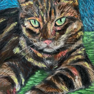 An original expressionist tabby cat portrait painting in soft pastel by Savchenko, depicting a striped brown cat with bright green eyes and a pink nose resting on a green surface against a blue background.