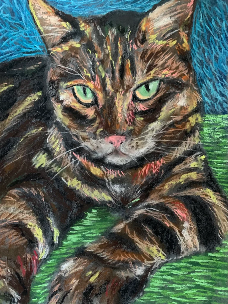 An original expressionist tabby cat portrait painting in soft pastel by Savchenko, depicting a striped brown cat with bright green eyes and a pink nose resting on a green surface against a blue background.