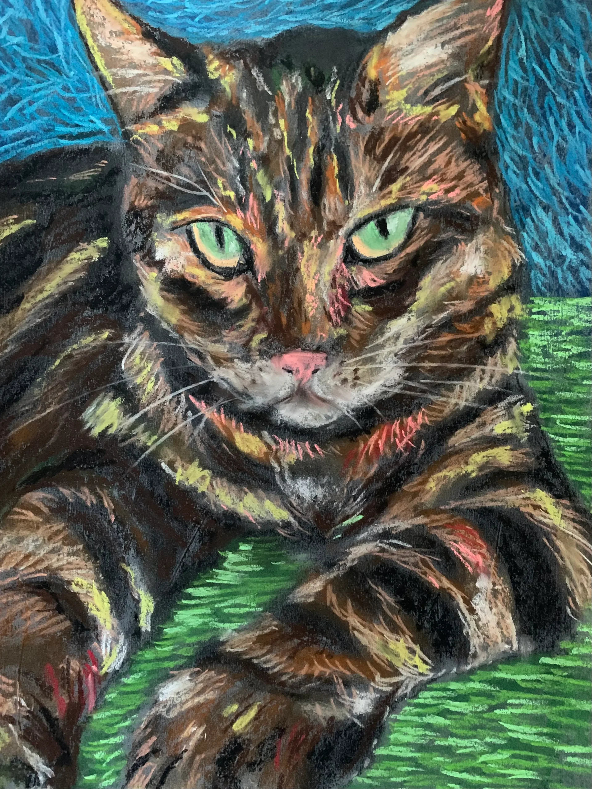 An original expressionist tabby cat portrait painting in soft pastel by Savchenko, depicting a striped brown cat with bright green eyes and a pink nose resting on a green surface against a blue background.