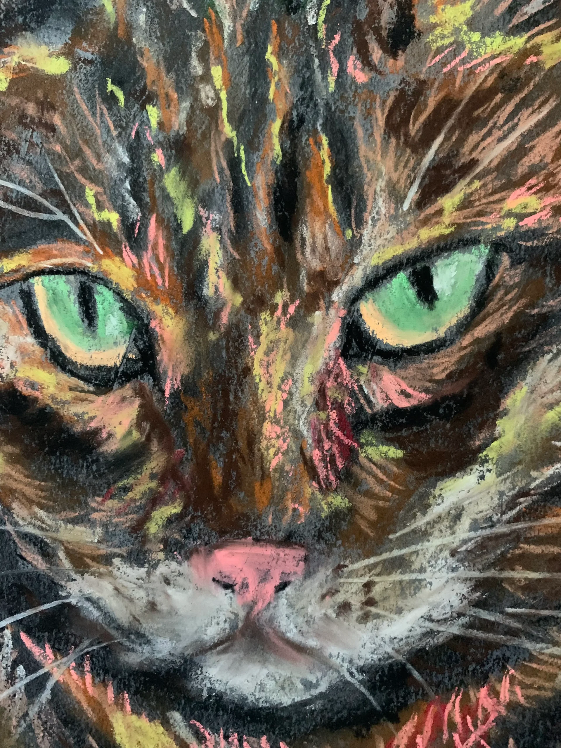 An original expressionist tabby cat portrait painting in soft pastel by Savchenko, depicting a striped brown cat with bright green eyes and a pink nose resting on a green surface against a blue background.
