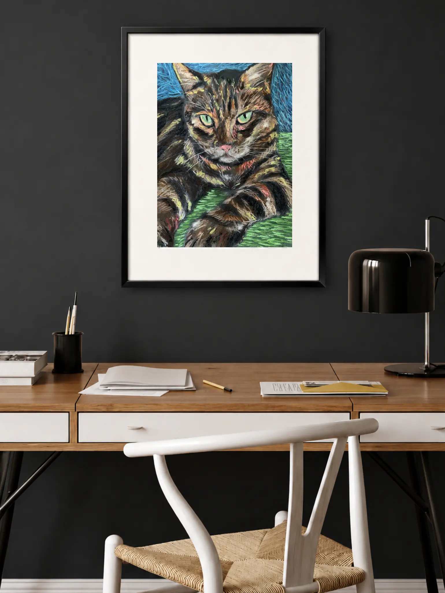 An original expressionist tabby cat portrait painting in soft pastel by Savchenko, depicting a striped brown cat with bright green eyes and a pink nose resting on a green surface against a blue background.