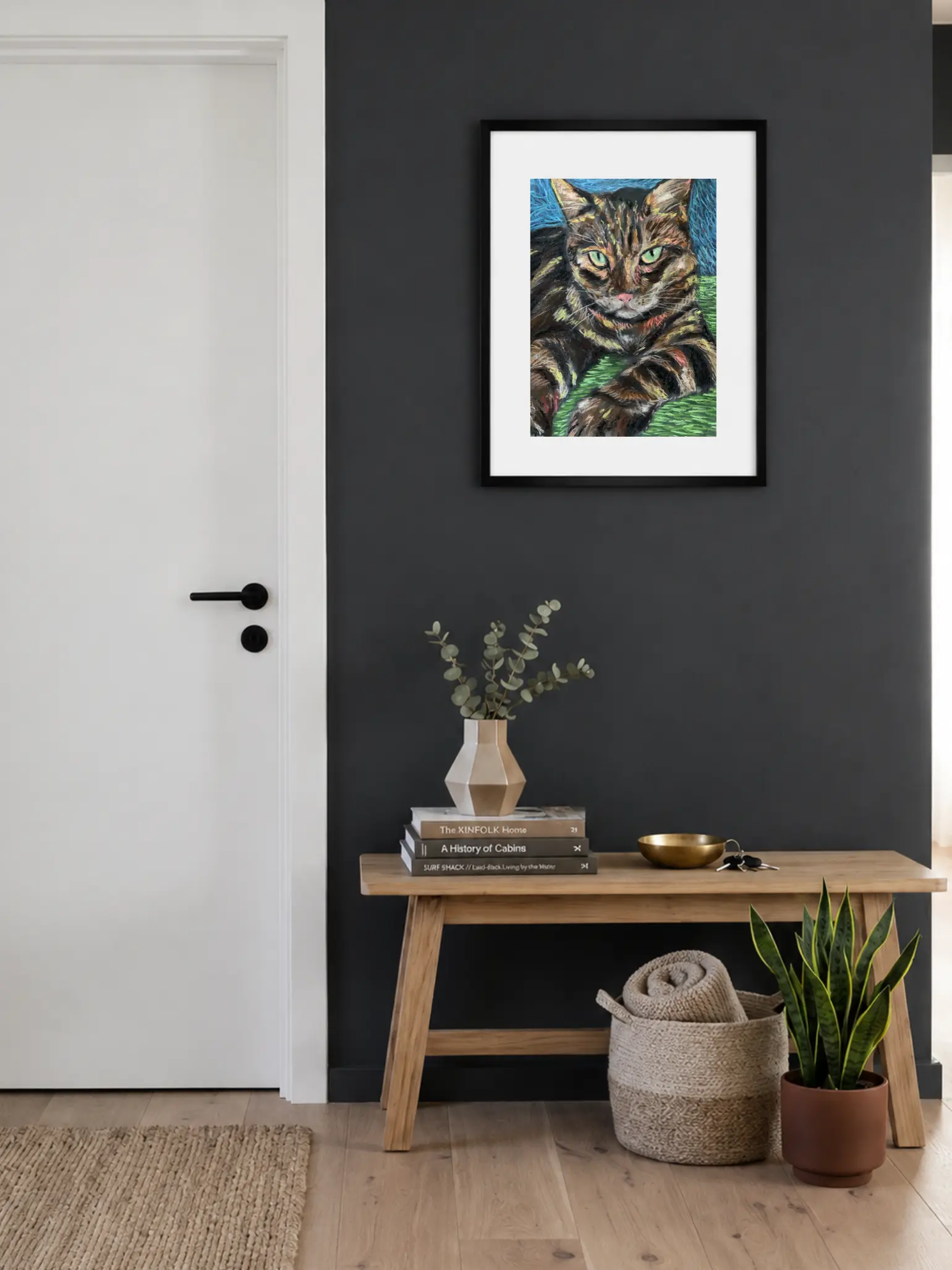 An original expressionist tabby cat portrait painting in soft pastel by Savchenko, depicting a striped brown cat with bright green eyes and a pink nose resting on a green surface against a blue background.