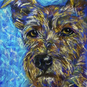 An original expressionist terrier dog portrait painting in soft pastel by Savchenko, depicting a scruffy brown dog with golden-brown fur and expressive dark eyes against a vibrant, textured blue background.