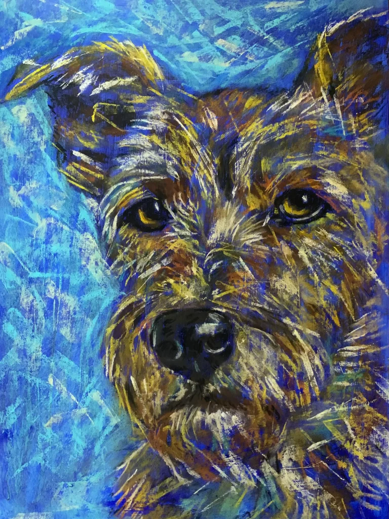 An original expressionist terrier dog portrait painting in soft pastel by Savchenko, depicting a scruffy brown dog with golden-brown fur and expressive dark eyes against a vibrant, textured blue background.