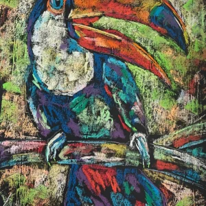 An original expressionist toucan bird painting in soft pastel, showing a colorful exotic bird with a large textured beak perched on a branch.