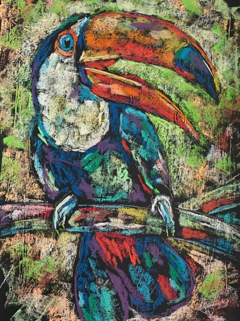 An original expressionist toucan bird painting in soft pastel, showing a colorful exotic bird with a large textured beak perched on a branch.