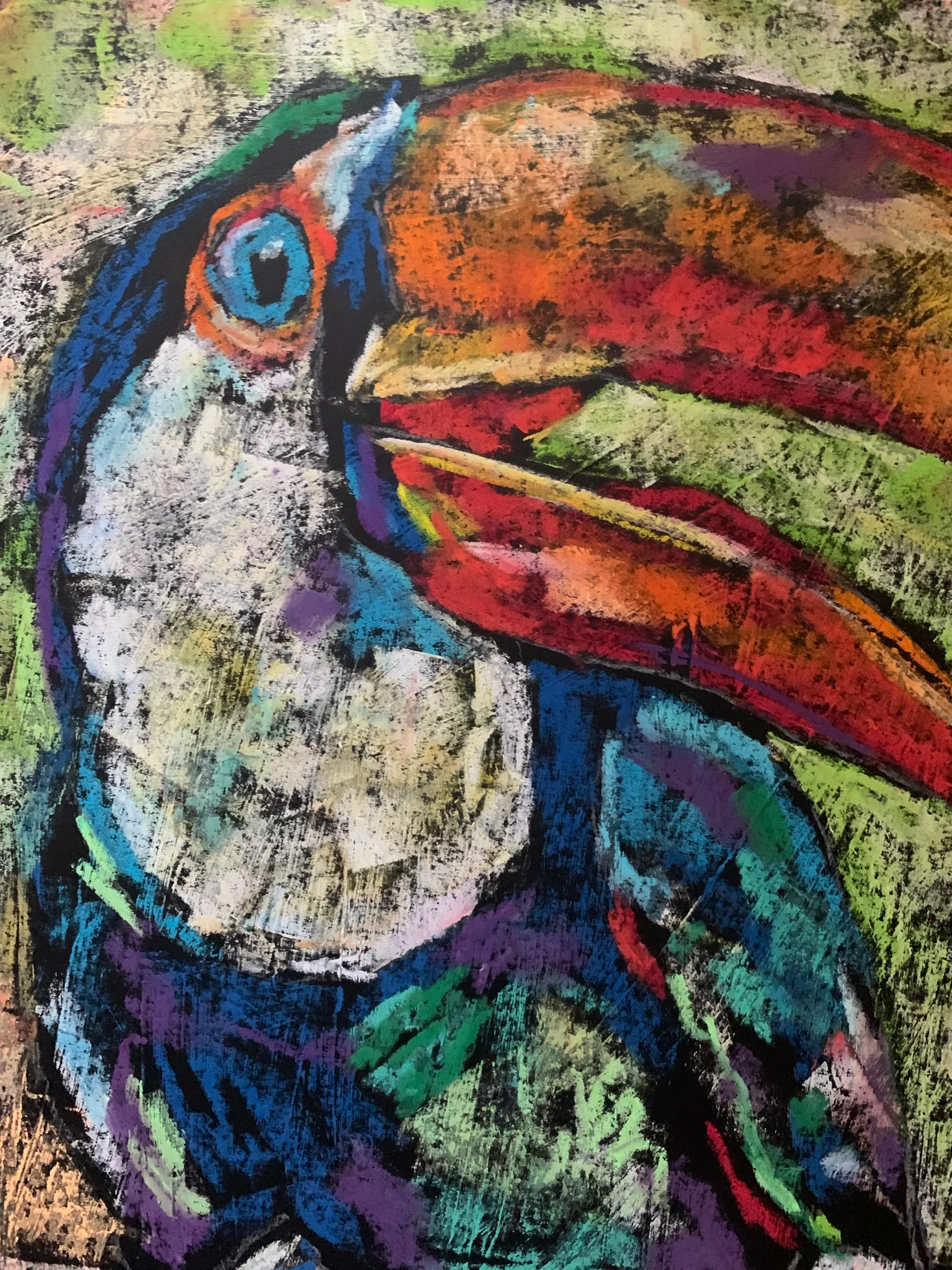 An original expressionist toucan bird painting in soft pastel, showing a colorful exotic bird with a large textured beak perched on a branch.