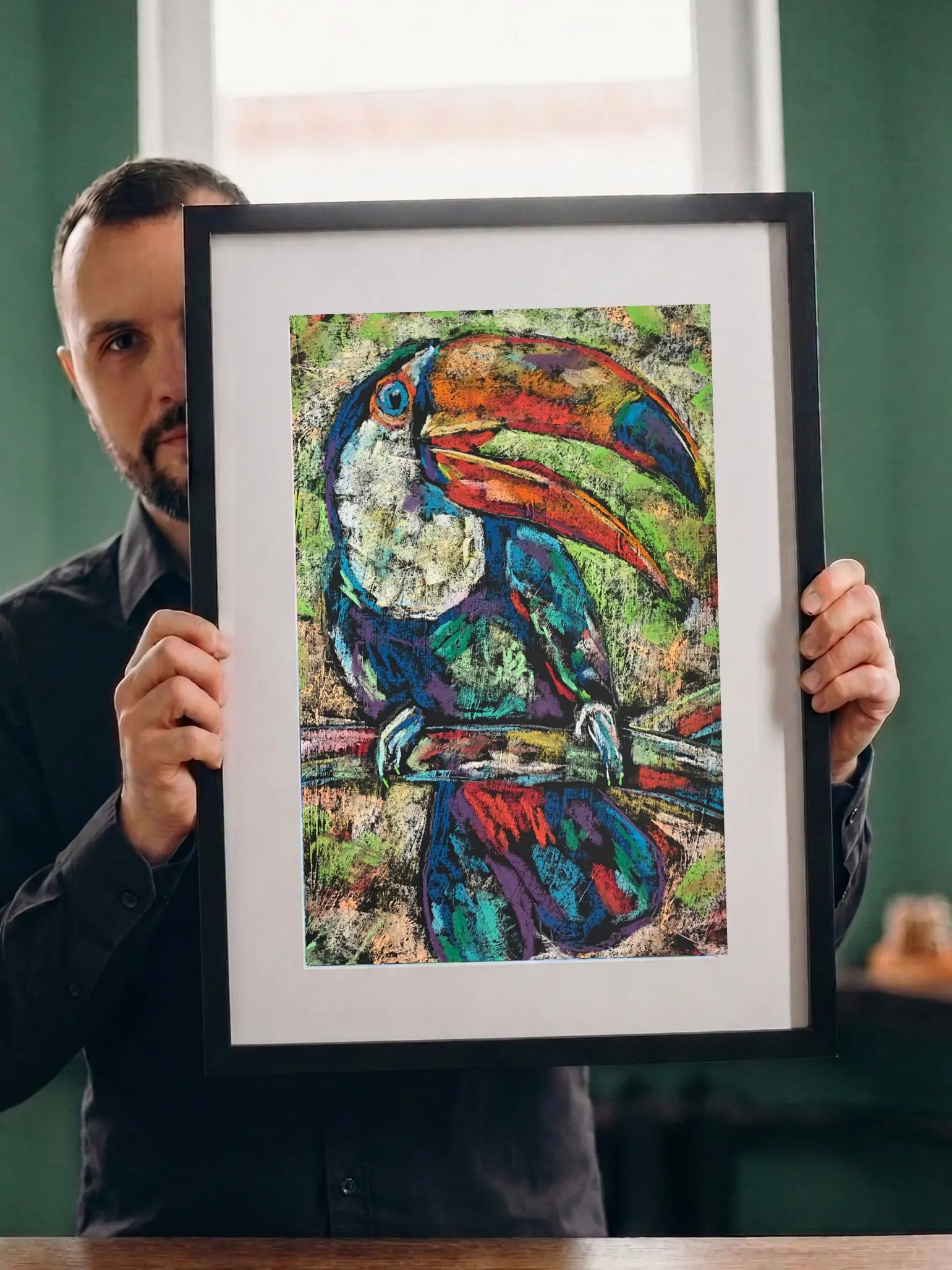 An original expressionist toucan bird painting in soft pastel, showing a colorful exotic bird with a large textured beak perched on a branch.