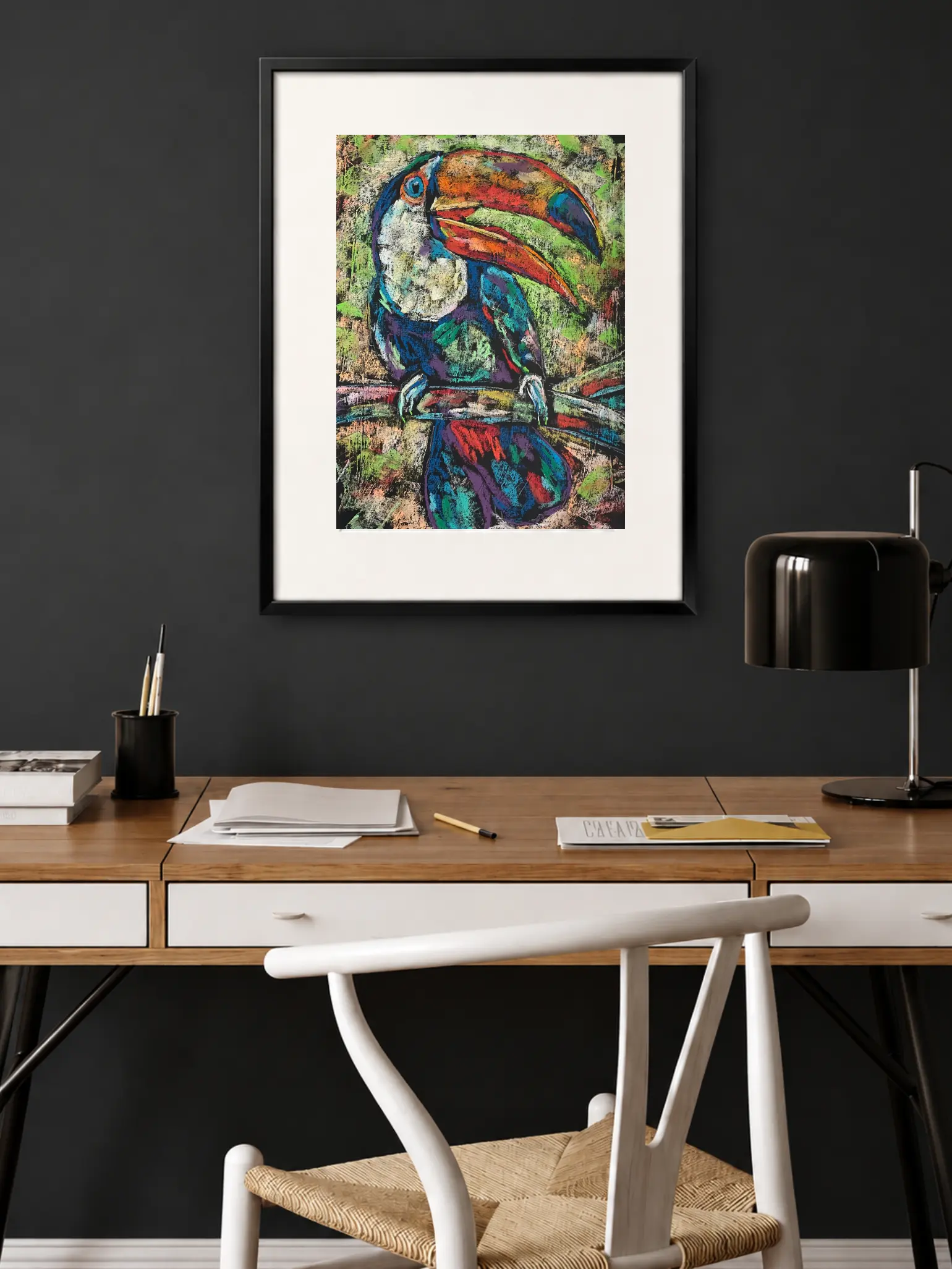 An original expressionist toucan bird painting in soft pastel, showing a colorful exotic bird with a large textured beak perched on a branch.