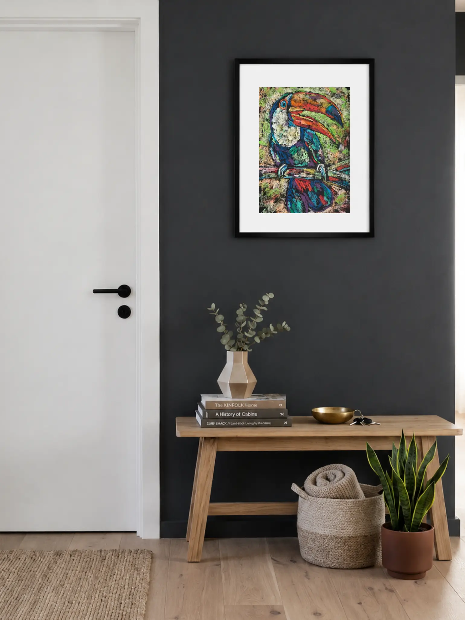 An original expressionist toucan bird painting in soft pastel, showing a colorful exotic bird with a large textured beak perched on a branch.