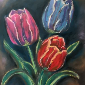 An original expressionist tulips flowers painting in soft pastel, showcasing three vibrant pink, blue, and red tulips with green leaves against a dark textured background.