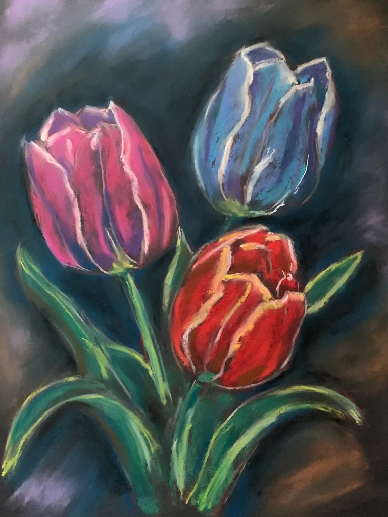An original expressionist tulips flowers painting in soft pastel, showcasing three vibrant pink, blue, and red tulips with green leaves against a dark textured background.
