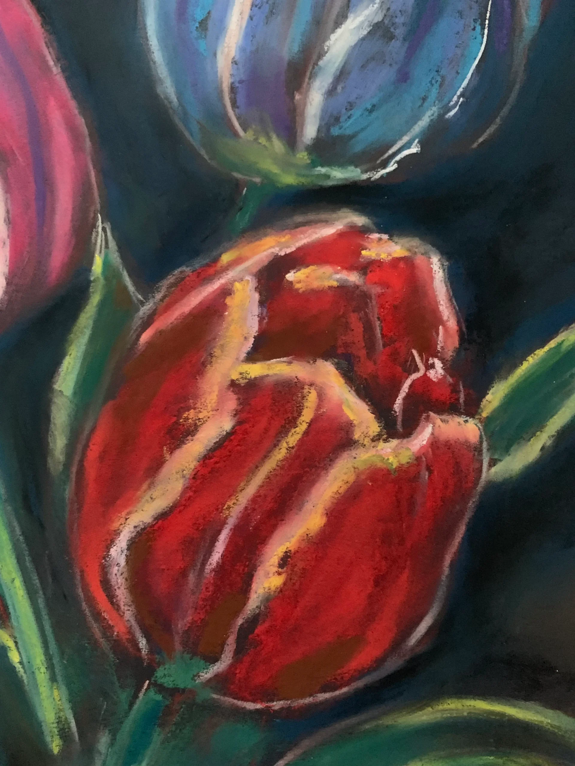 An original expressionist tulips flowers painting in soft pastel, showcasing three vibrant pink, blue, and red tulips with green leaves against a dark textured background.