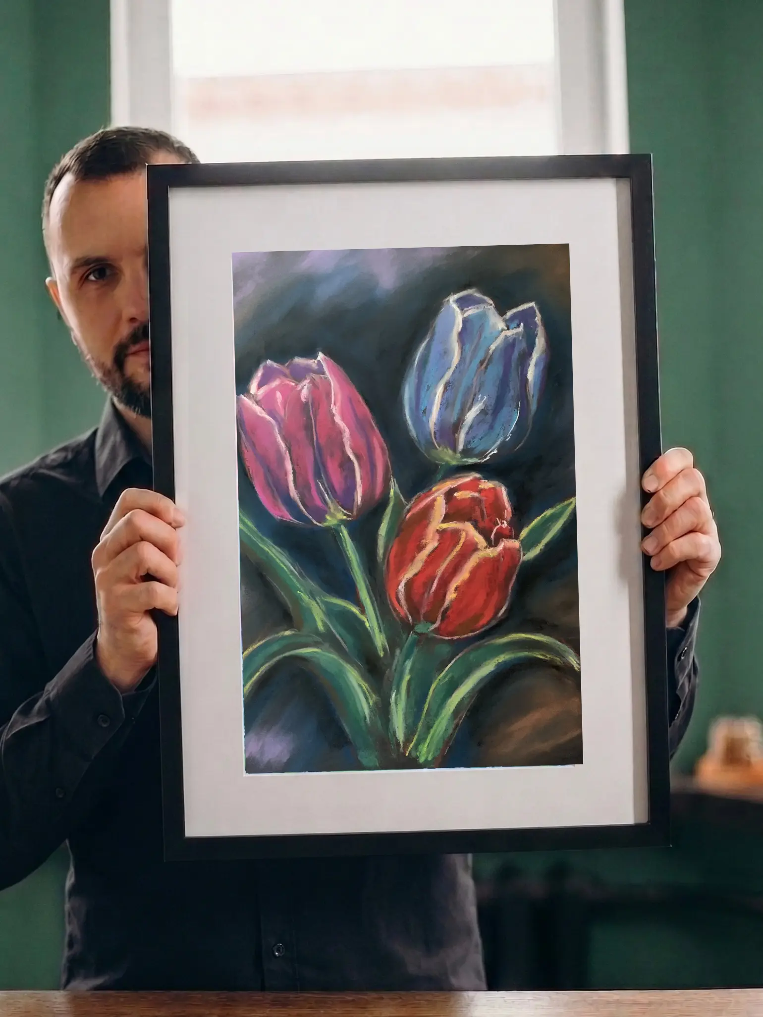 An original expressionist tulips flowers painting in soft pastel, showcasing three vibrant pink, blue, and red tulips with green leaves against a dark textured background.